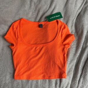SHEIN Neon Orange Ribbed Square Neck Crop Tee